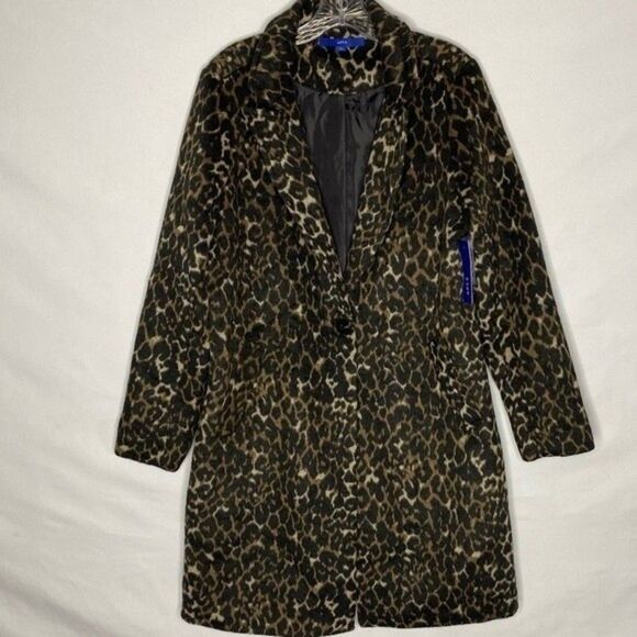 Apt 9 Overcoat Women’s M Brown Black Cheetah Animal Single Button Wool Blend - Picture 3 of 11